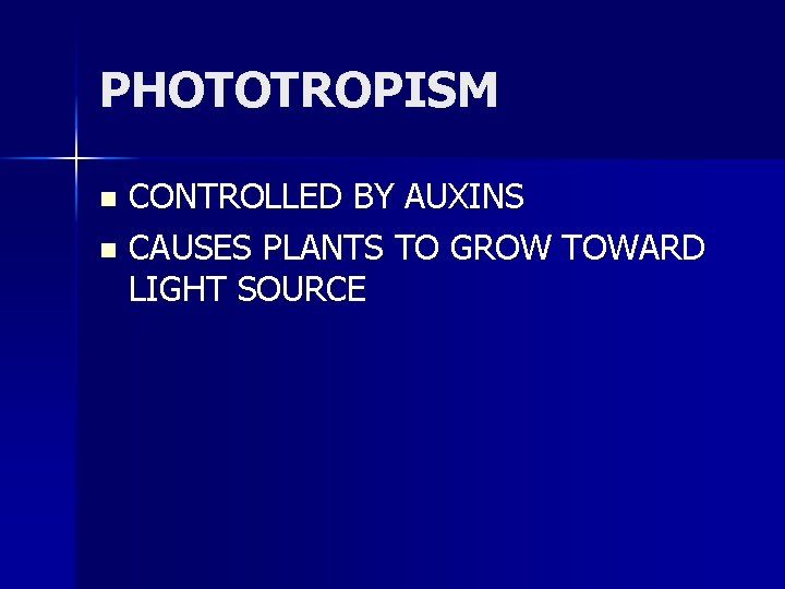 PHOTOTROPISM CONTROLLED BY AUXINS n CAUSES PLANTS TO GROW TOWARD LIGHT SOURCE n 