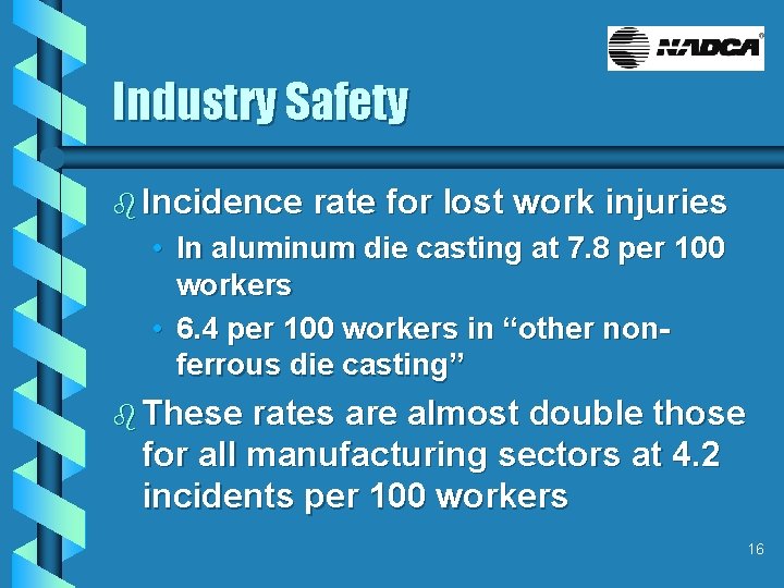 Industry Safety b Incidence rate for lost work injuries • In aluminum die casting