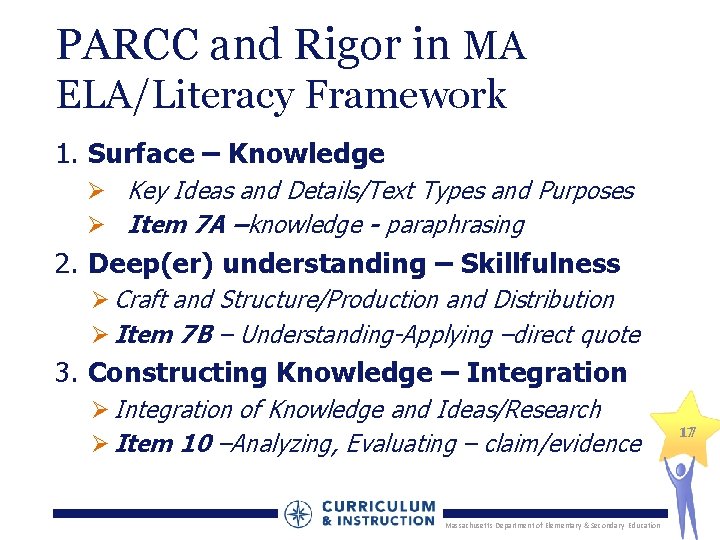 PARCC and Rigor in MA ELA/Literacy Framework 1. Surface – Knowledge Ø Key Ideas