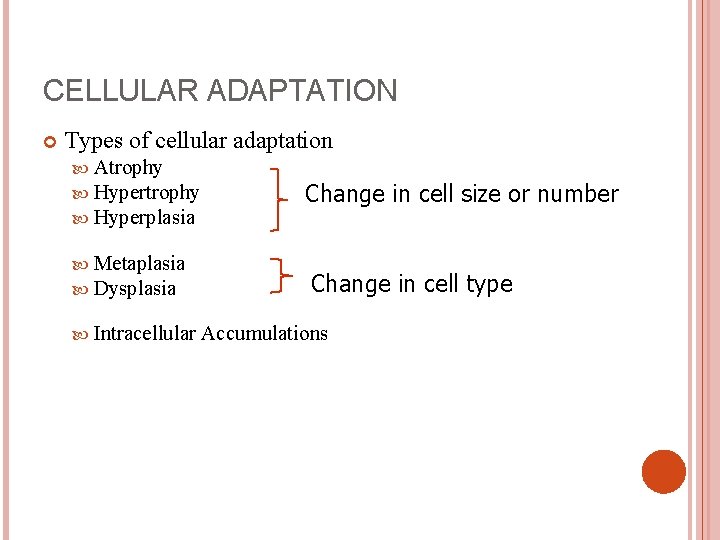 CELLULAR ADAPTATION Types of cellular adaptation Atrophy Hyperplasia Metaplasia Dysplasia Intracellular Change in cell
