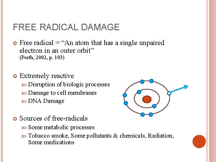 FREE RADICAL DAMAGE Free radical = “An atom that has a single unpaired electron
