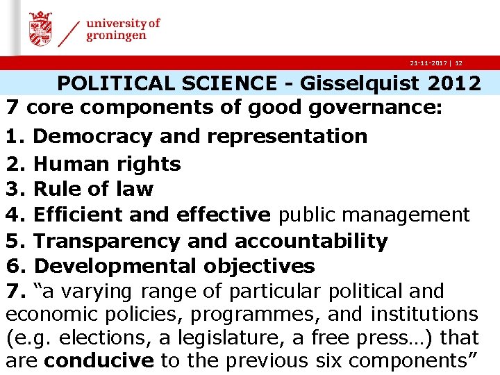 21 -11 -2017 | 12 POLITICAL SCIENCE - Gisselquist 2012 7 core components of