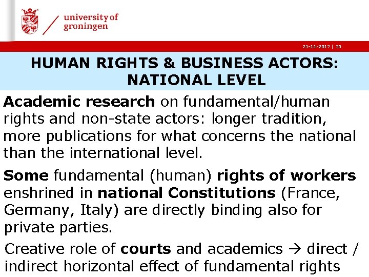 21 -11 -2017 | 25 HUMAN RIGHTS & BUSINESS ACTORS: NATIONAL LEVEL Academic research