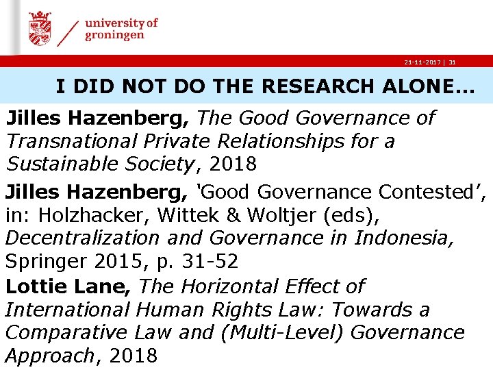 21 -11 -2017 | 31 I DID NOT DO THE RESEARCH ALONE… Jilles Hazenberg,