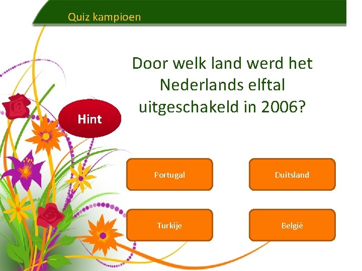 Quiz kampioen Hint Door welk land werd het Nederlands elftal uitgeschakeld in 2006? Portugal