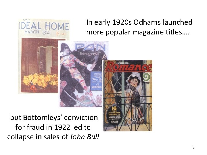In early 1920 s Odhams launched more popular magazine titles…. but Bottomleys’ conviction for