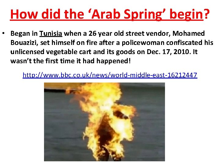 How did the ‘Arab Spring’ begin? • Began in Tunisia when a 26 year