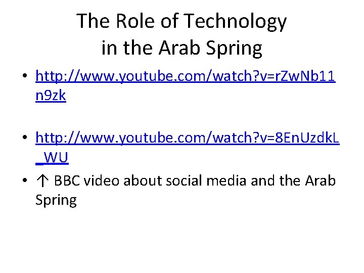 The Role of Technology in the Arab Spring • http: //www. youtube. com/watch? v=r.
