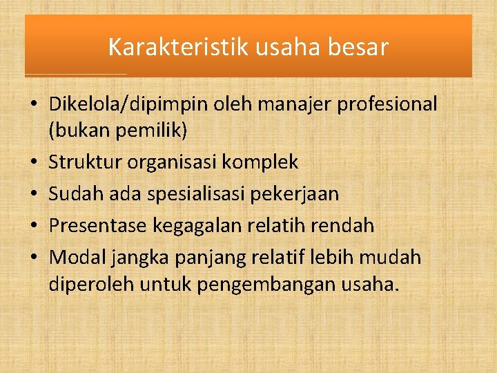 Karakteristik usaha besar • Dikelola/dipimpin oleh manajer profesional (bukan pemilik) • Struktur organisasi komplek