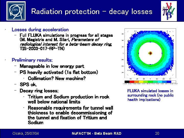 Radiation protection - decay losses • Losses during acceleration – Full FLUKA simulations in