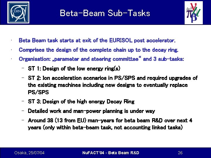 Beta-Beam Sub-Tasks • Beta Beam task starts at exit of the EURISOL post accelerator.