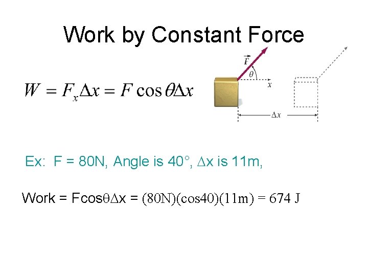 Work by Constant Force Ex: F = 80 N, Angle is 40°, Dx is