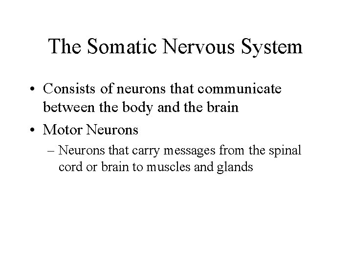 The Somatic Nervous System • Consists of neurons that communicate between the body and
