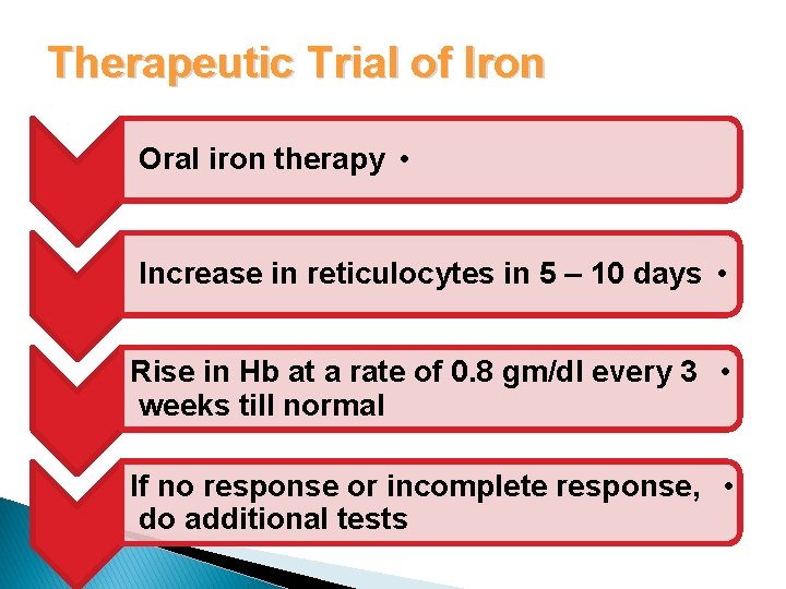 Therapeutic Trial of Iron Oral iron therapy • Increase in reticulocytes in 5 –