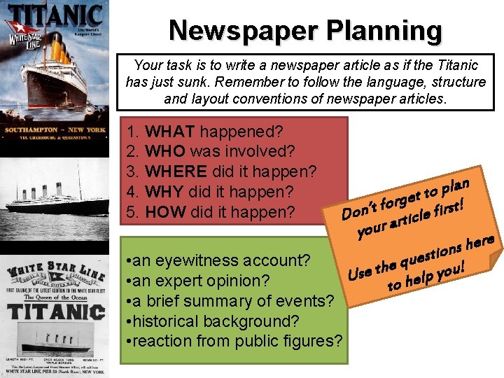 Newspaper Planning Your task is to write a newspaper article as if the Titanic Newspaper Planning Your task is to write a newspaper article as if the Titanic