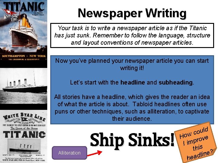 Newspaper Writing Your task is to write a newspaper article as if the Titanic Newspaper Writing Your task is to write a newspaper article as if the Titanic