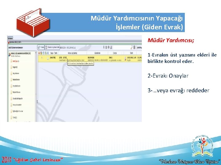 Müdür Yardımcısının Yapacağı İşlemler (Giden Evrak) Müdür Yardımcısı; 1 -Evrakın üst yazısını ekleri ile