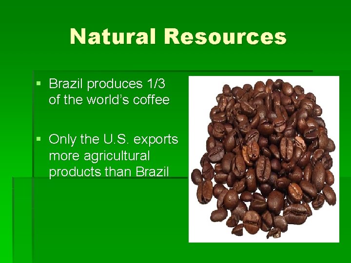 Natural Resources § Brazil produces 1/3 of the world’s coffee § Only the U.