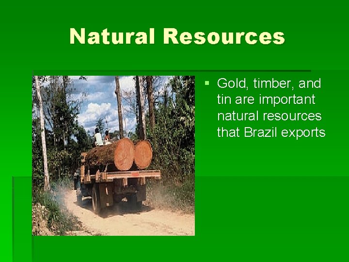 Natural Resources § Gold, timber, and tin are important natural resources that Brazil exports