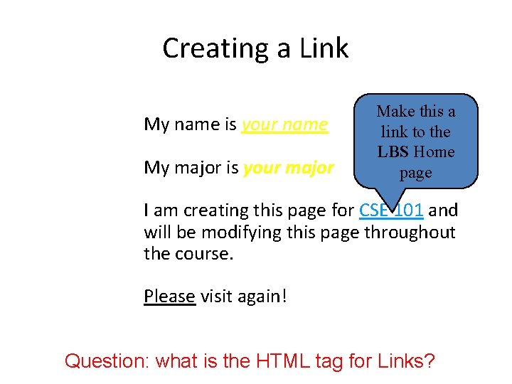 Creating a Link My name is your name My major is your major Make Creating a Link My name is your name My major is your major Make