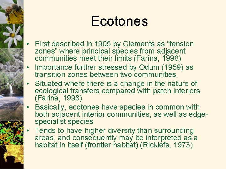 Ecotones • First described in 1905 by Clements as “tension zones” where principal species