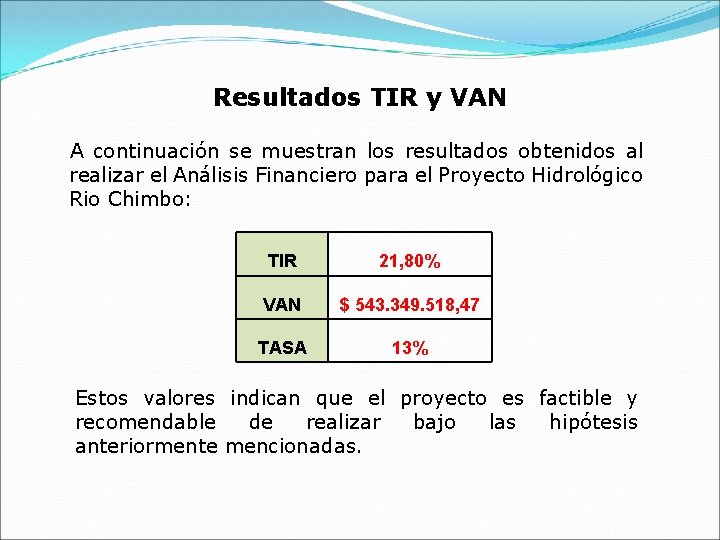 Resultados TIR y VAN A continuación se muestran los resultados obtenidos al realizar el