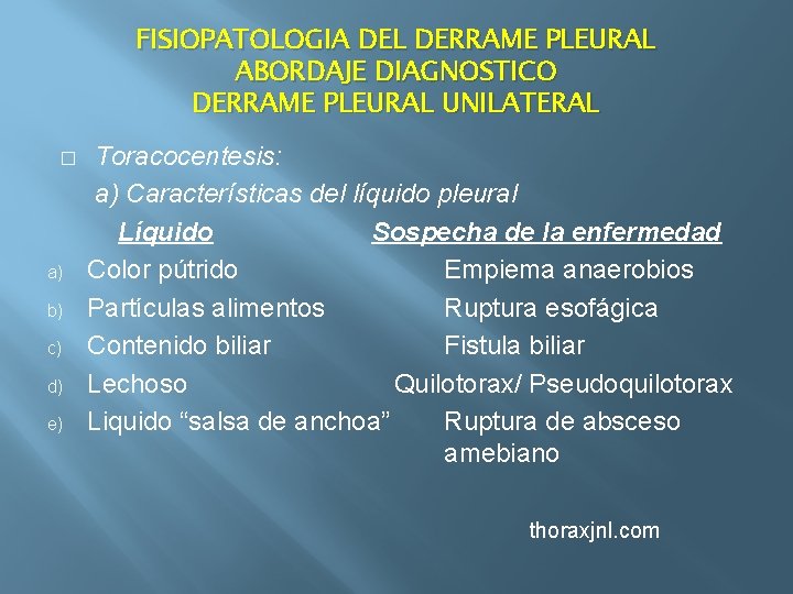 FISIOPATOLOGIA DEL DERRAME PLEURAL ABORDAJE DIAGNOSTICO DERRAME PLEURAL UNILATERAL � a) b) c) d)