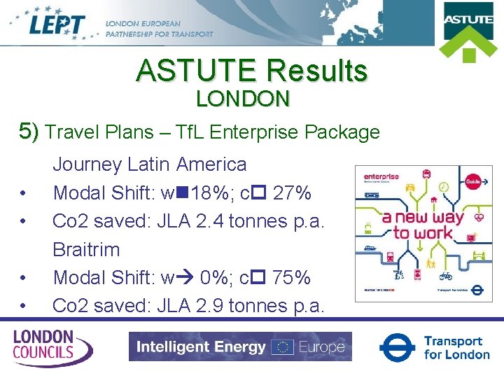 ASTUTE Results LONDON 5) Travel Plans – Tf. L Enterprise Package • • Journey