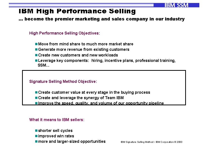 IBM High Performance Selling. . . become the premier marketing and sales company in