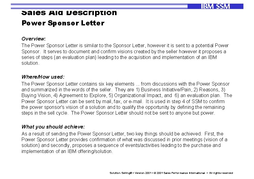 Sales Aid Description Power Sponsor Letter Overview: The Power Sponsor Letter is similar to