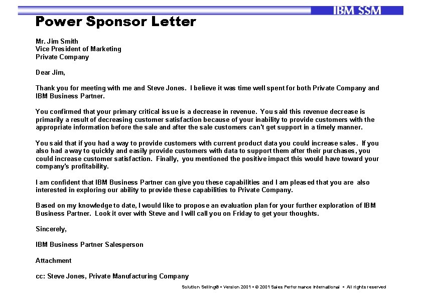 Power Sponsor Letter Mr. Jim Smith Vice President of Marketing Private Company Dear Jim,