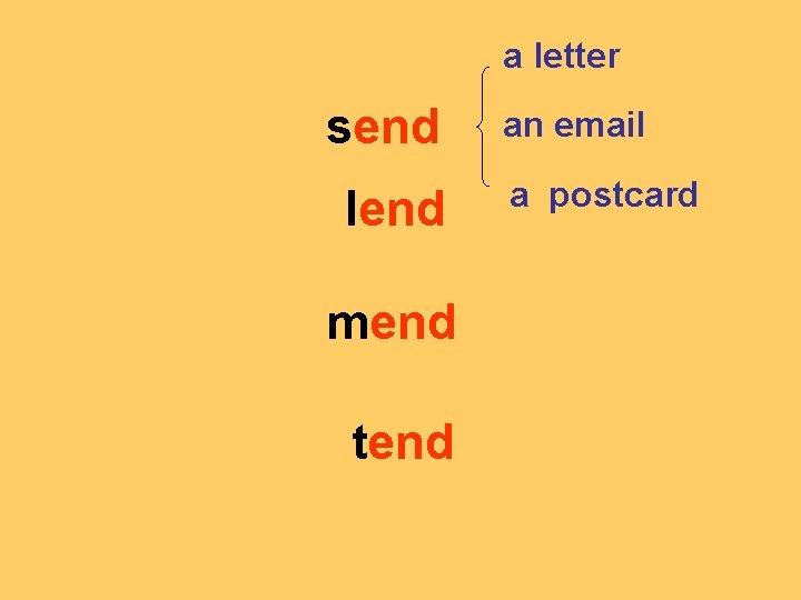 a letter send lend mend tend an email a postcard 