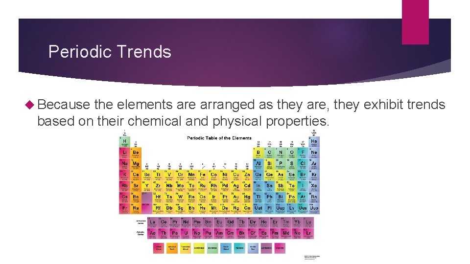 Periodic Trends Because the elements are arranged as they are, they exhibit trends based