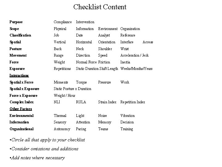 Checklist Content Purpose Compliance Intervention Scope Physical Information Environment Organization Classification Job Date Analyst