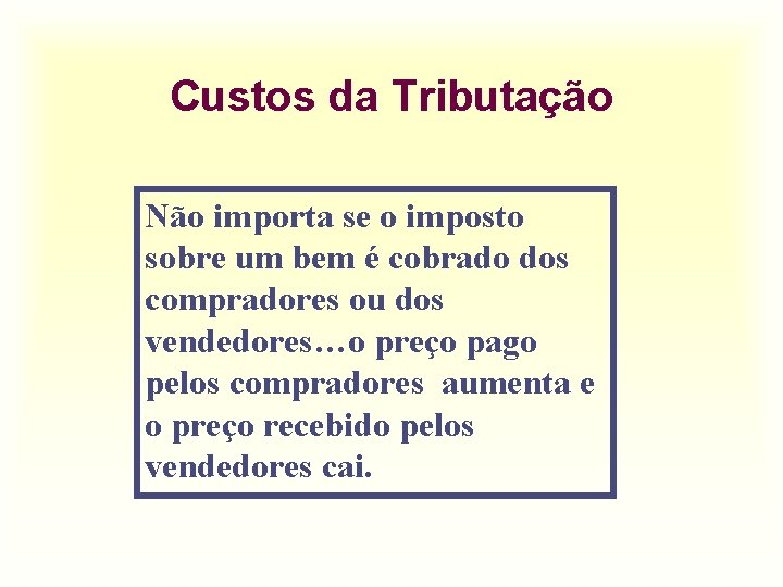 Custos da Tributação Não importa se o imposto sobre um bem é cobrado dos