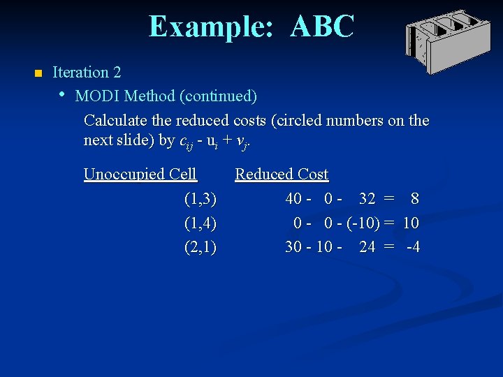 Example: ABC n Iteration 2 • MODI Method (continued) Calculate the reduced costs (circled