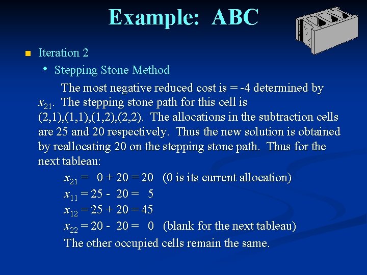 Example: ABC n Iteration 2 • Stepping Stone Method The most negative reduced cost