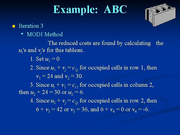 Example: ABC n Iteration 3 • MODI Method The reduced costs are found by