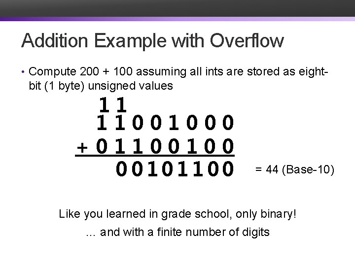 Addition Example with Overflow • Compute 200 + 100 assuming all ints are stored