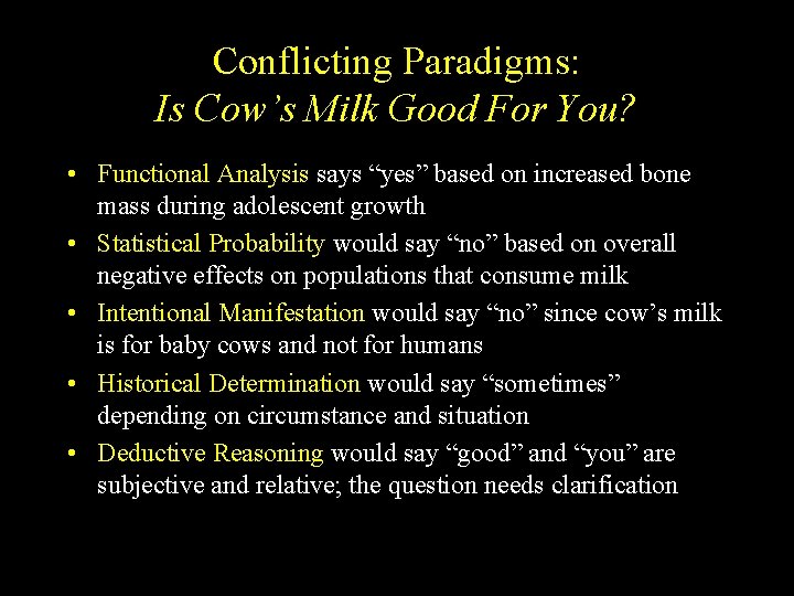 Conflicting Paradigms: Is Cow’s Milk Good For You? • Functional Analysis says “yes” based