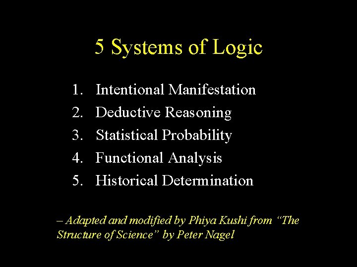 5 Systems of Logic 1. 2. 3. 4. 5. Intentional Manifestation Deductive Reasoning Statistical