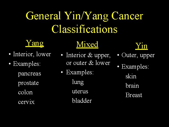 General Yin/Yang Cancer Classifications Yang • Interior, lower • Examples: pancreas prostate colon cervix