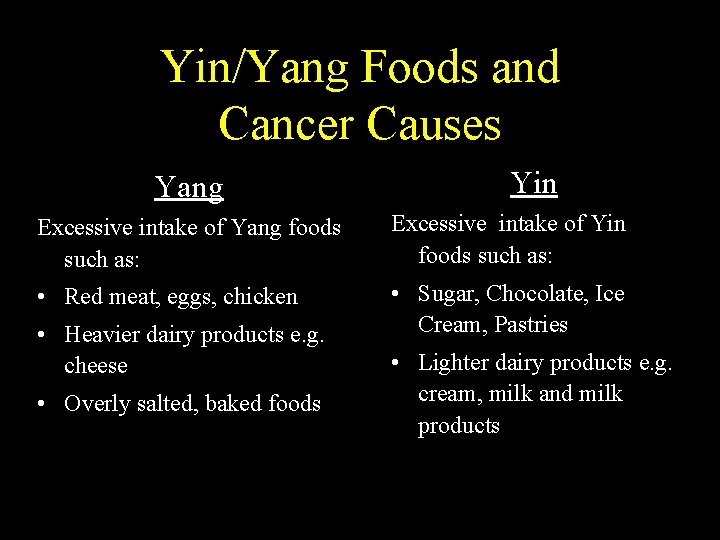 Yin/Yang Foods and Cancer Causes Yang Yin Excessive intake of Yang foods such as: