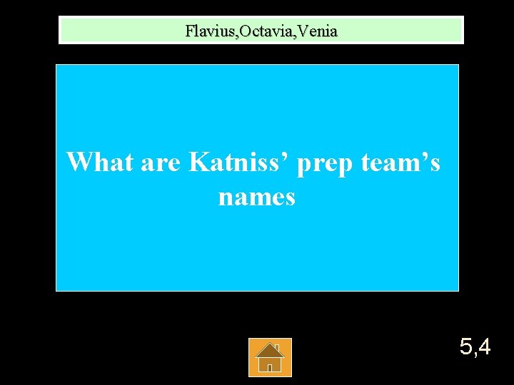 Flavius, Octavia, Venia What are Katniss’ prep team’s names 5, 4 