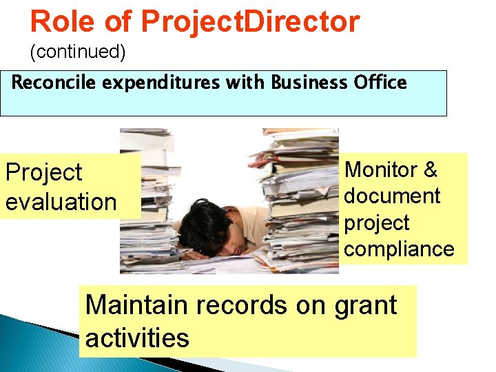 Role of Project. Director (continued) Reconcile expenditures with Business Office Project evaluation Monitor &