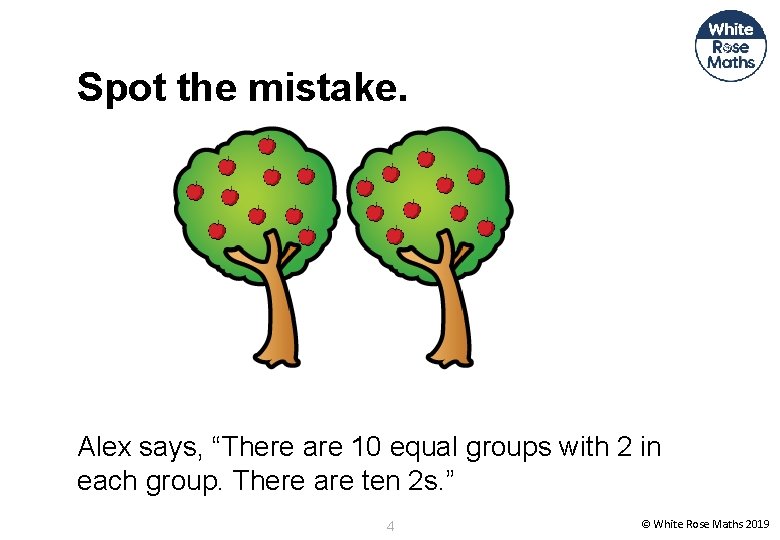Spot the mistake. Alex says, “There are 10 equal groups with 2 in each