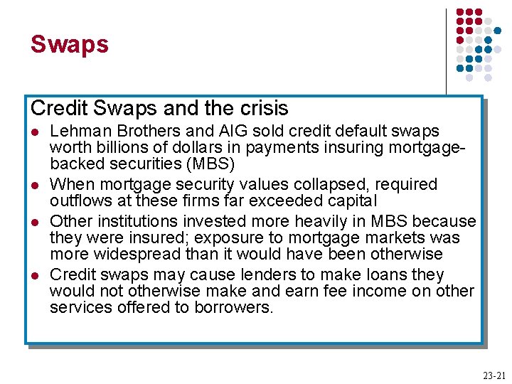 Swaps Credit Swaps and the crisis l l Lehman Brothers and AIG sold credit