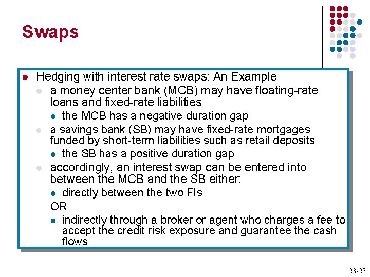 Swaps l Hedging with interest rate swaps: An Example l a money center bank