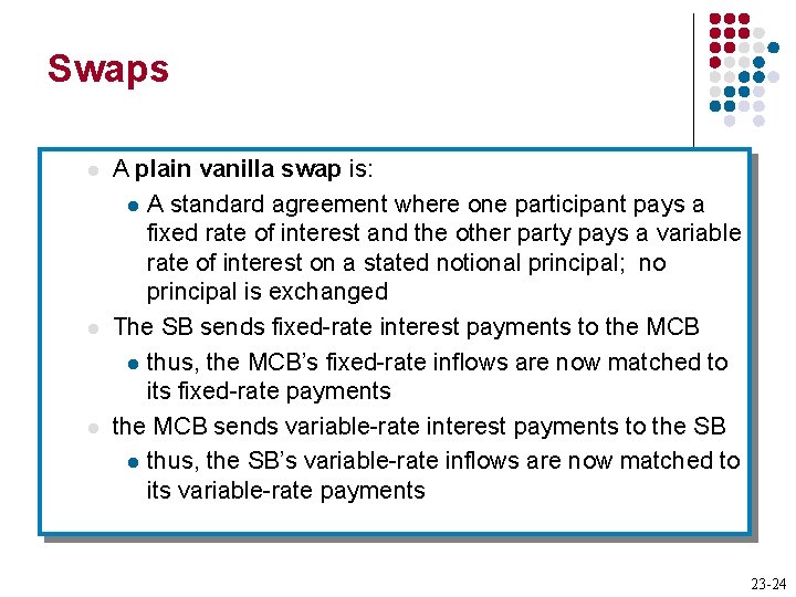 Swaps l l l A plain vanilla swap is: l A standard agreement where