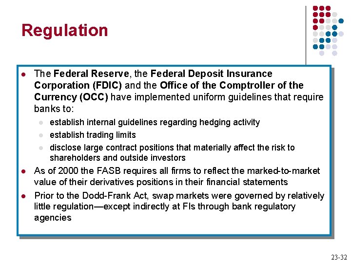 Regulation l The Federal Reserve, the Federal Deposit Insurance Corporation (FDIC) and the Office